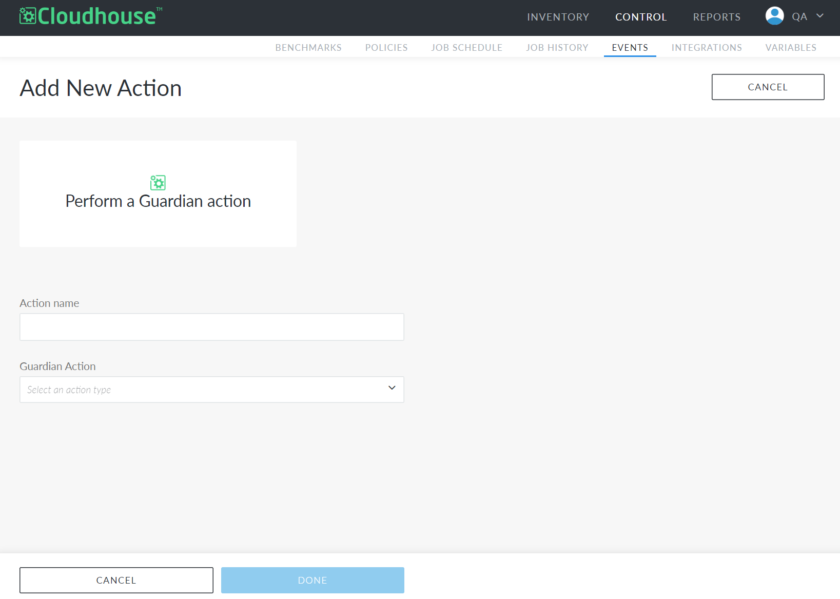 Screenshot showing the Add Action page in Guardian for Performing a Guardian Action