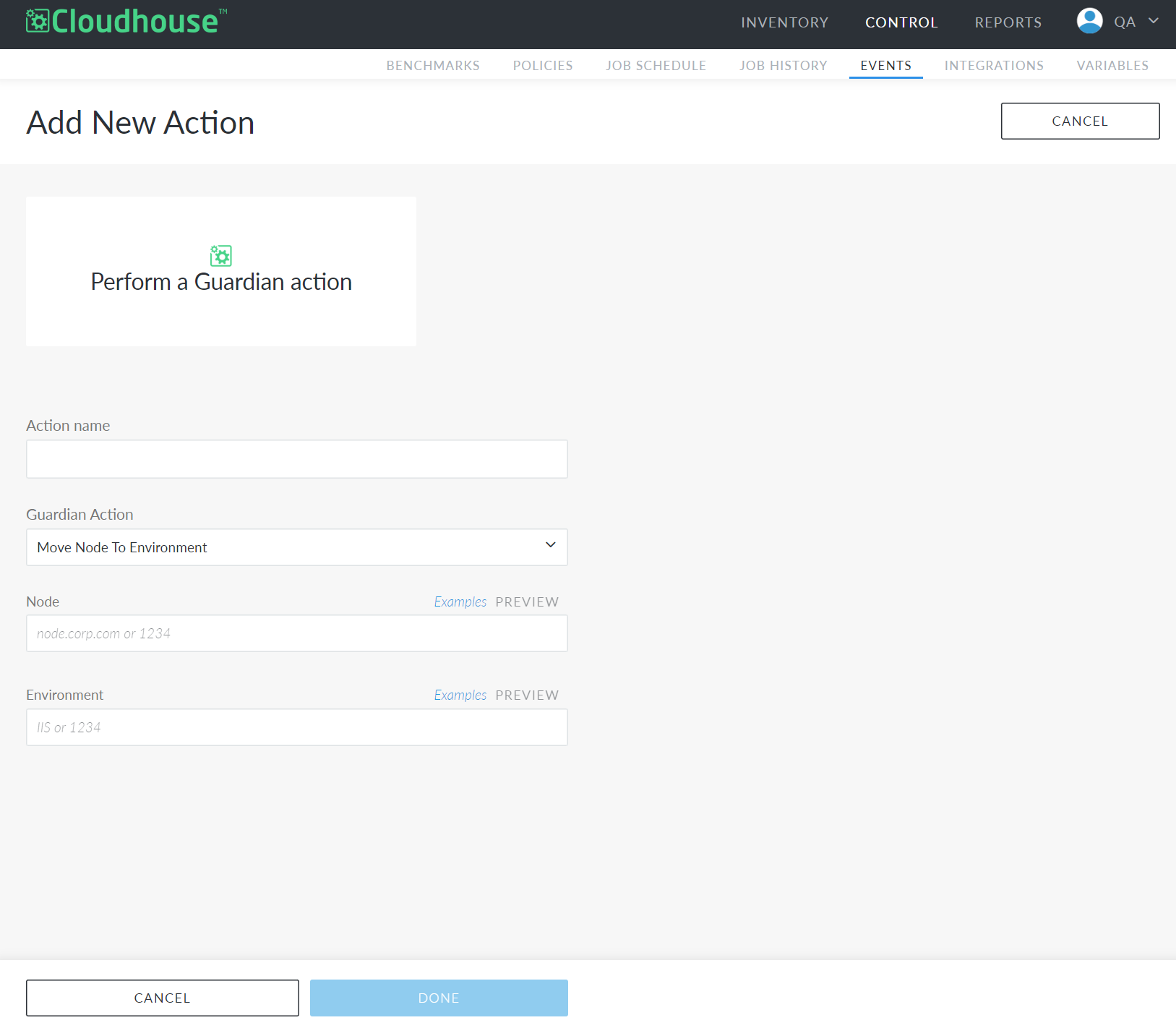 Screenshot showing the Add Action page in Guardian for moving a node to a different environment
