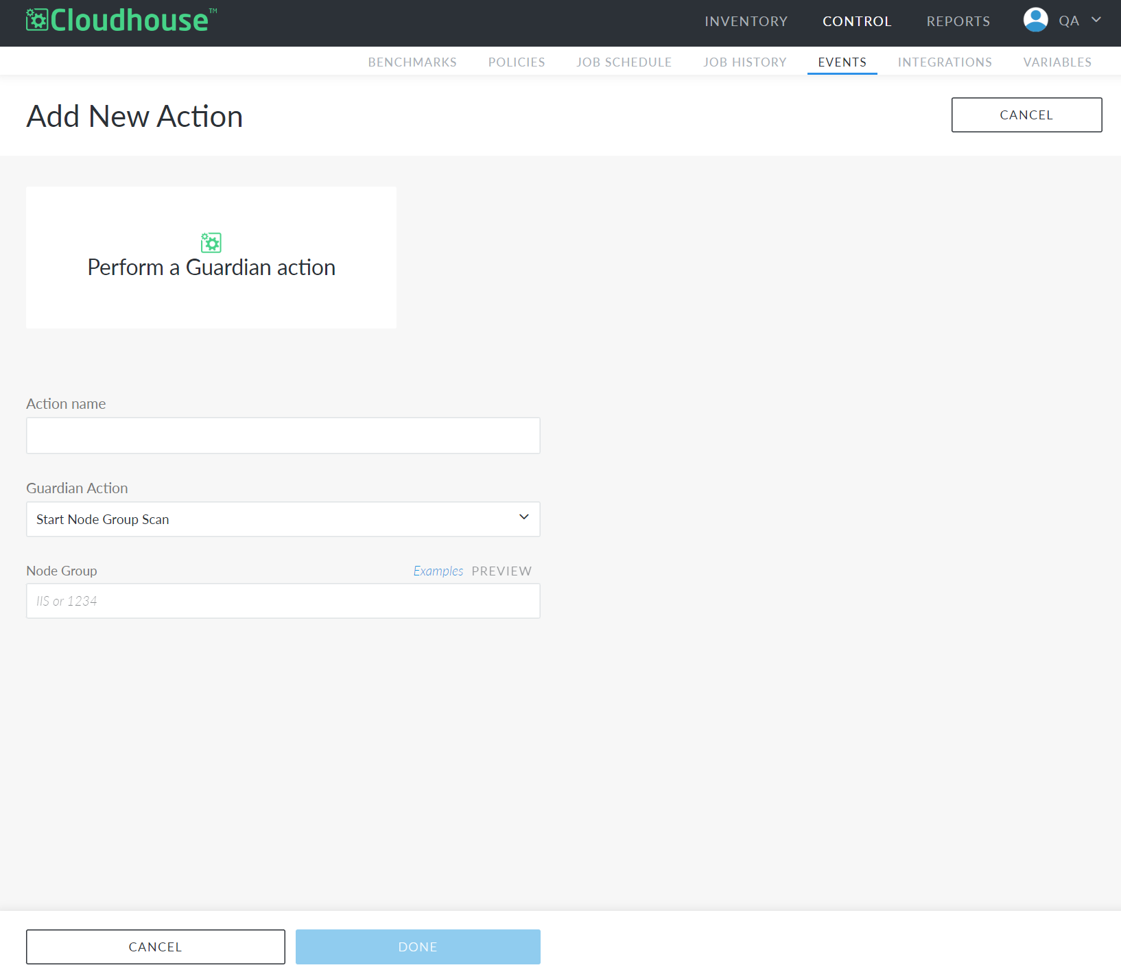 Screenshot showing the Add Action page in Guardian for starting a node group scan