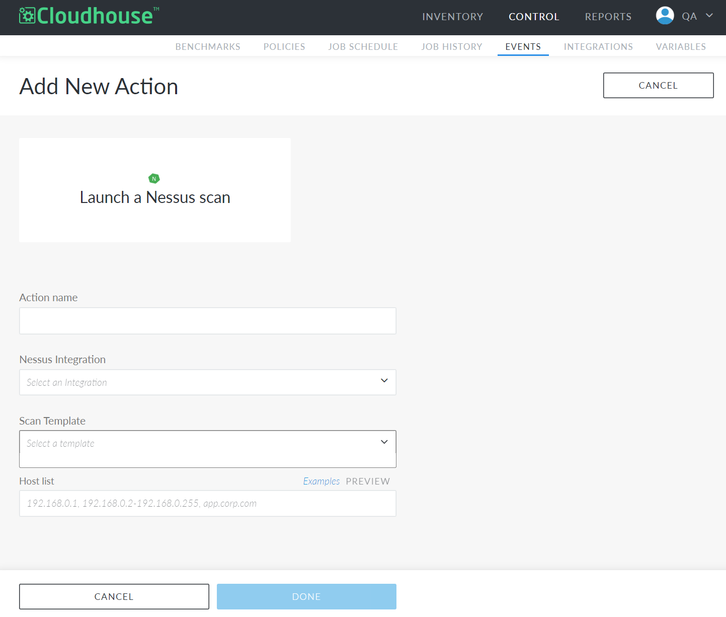 Screenshot showing the Add Action page for launching a Nessus scan in Guardian.