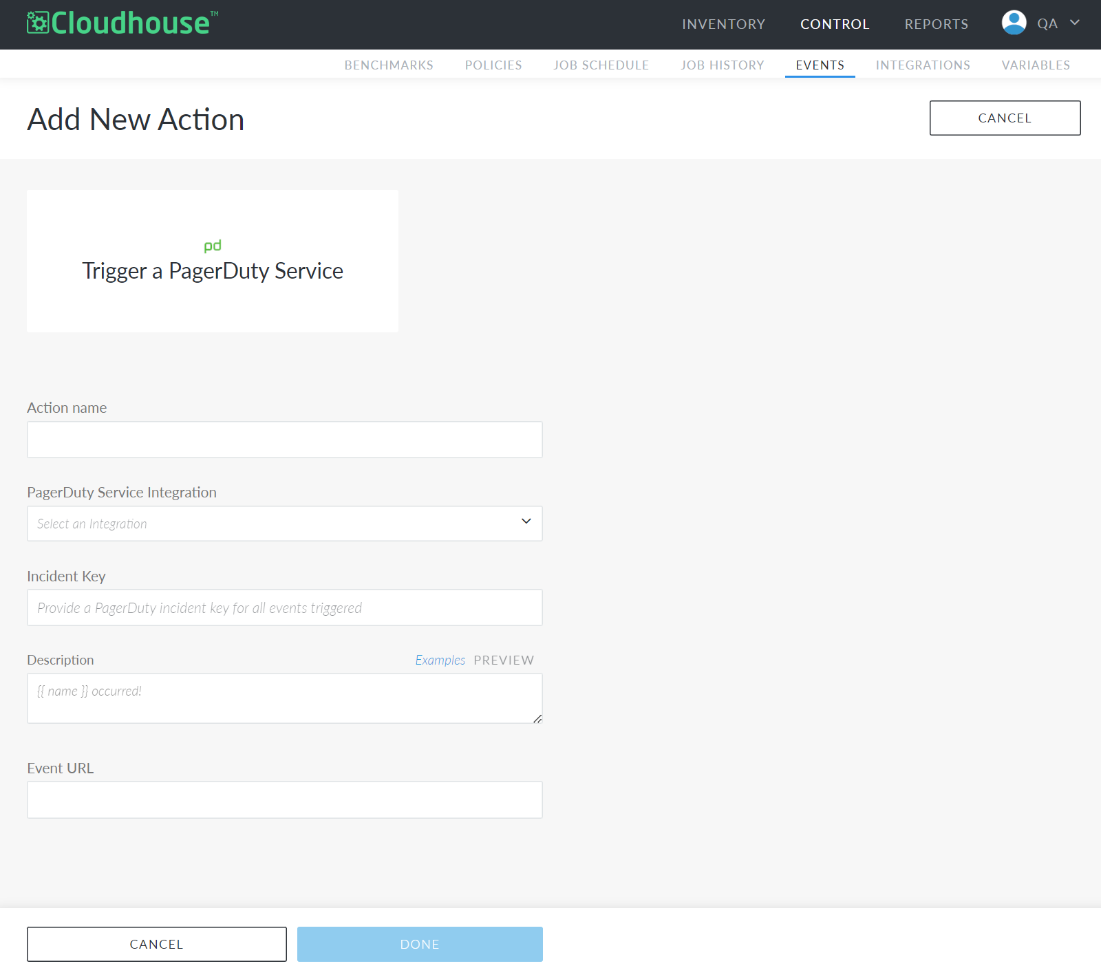 Screenshot showing the Add Action page for triggering a PagerDuty service in Guardian.