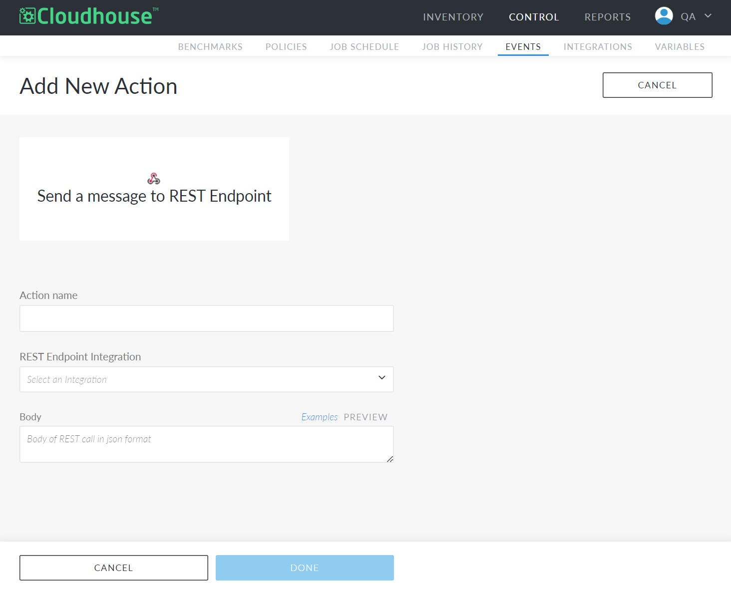 Screenshot showing the Add Action page for sending a message to a REST Endpoint in Guardian.
