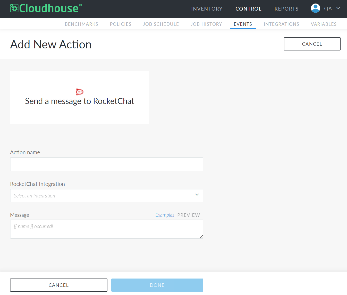 Screenshot showing the Add Action page for sending a RocketChat Message in Guardian.