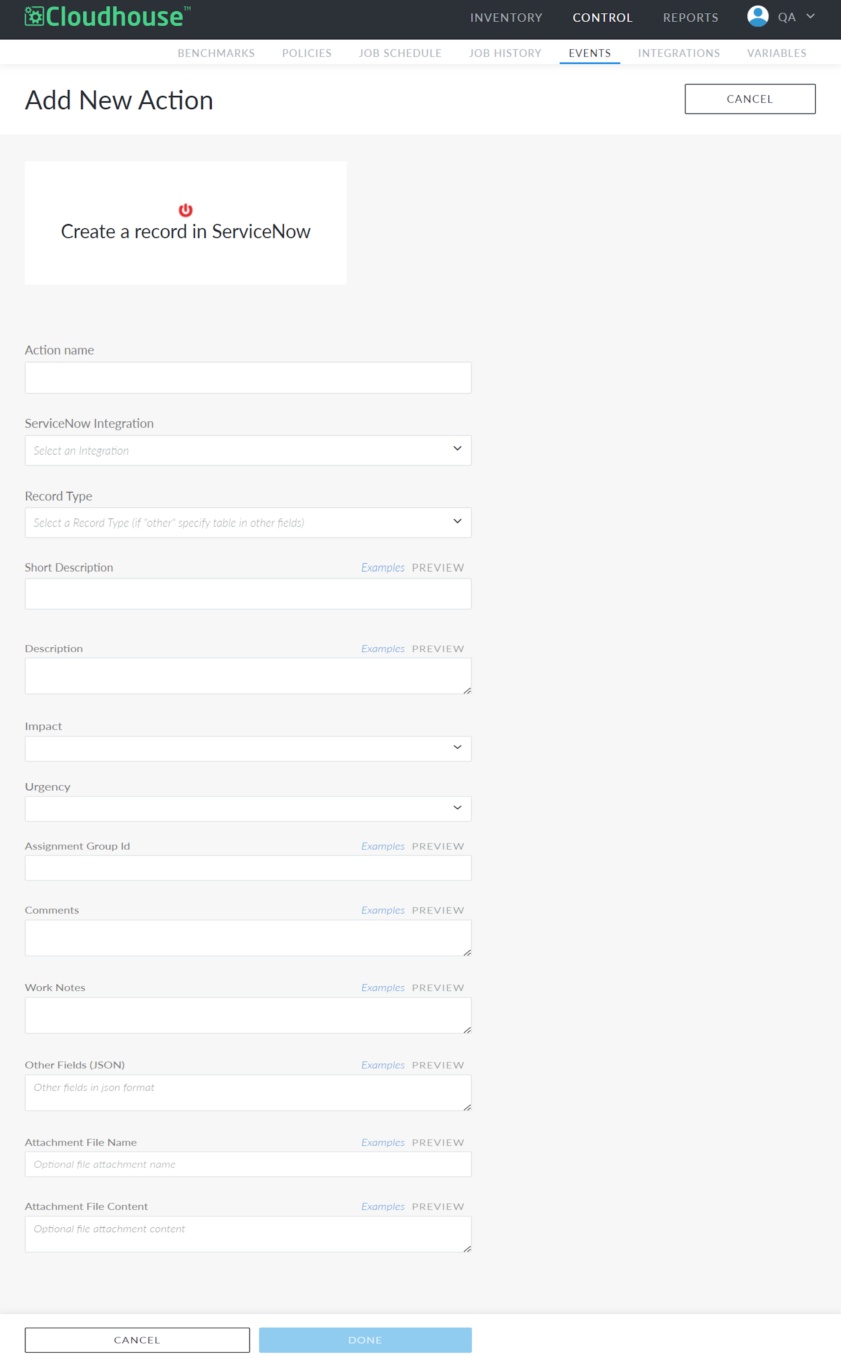 Screenshot showing the Add Action page in Guardian for creating a record in ServiceNow
