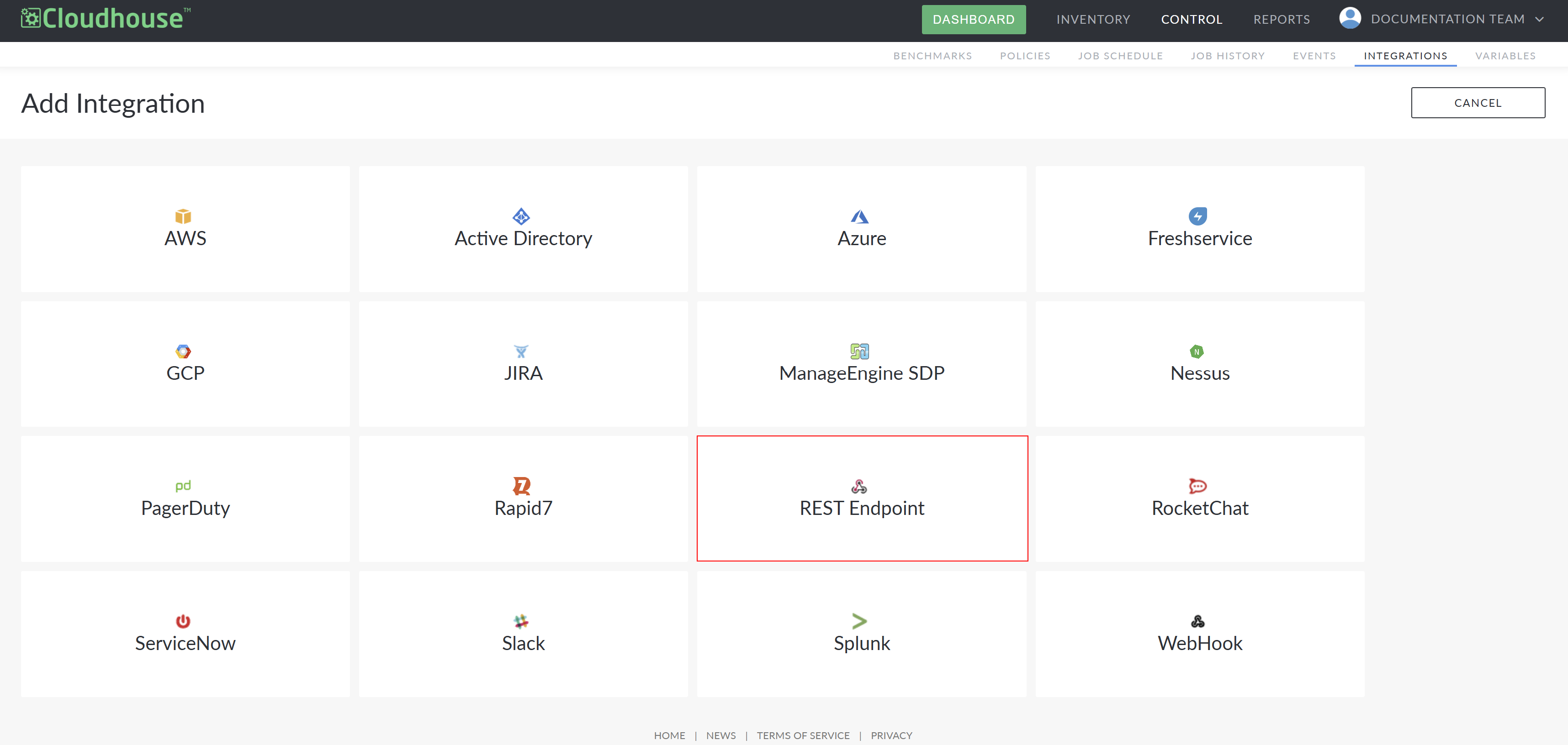 Screenshot of the Guardian Add Integrations page with a highlight box around the REST Endpoint button.