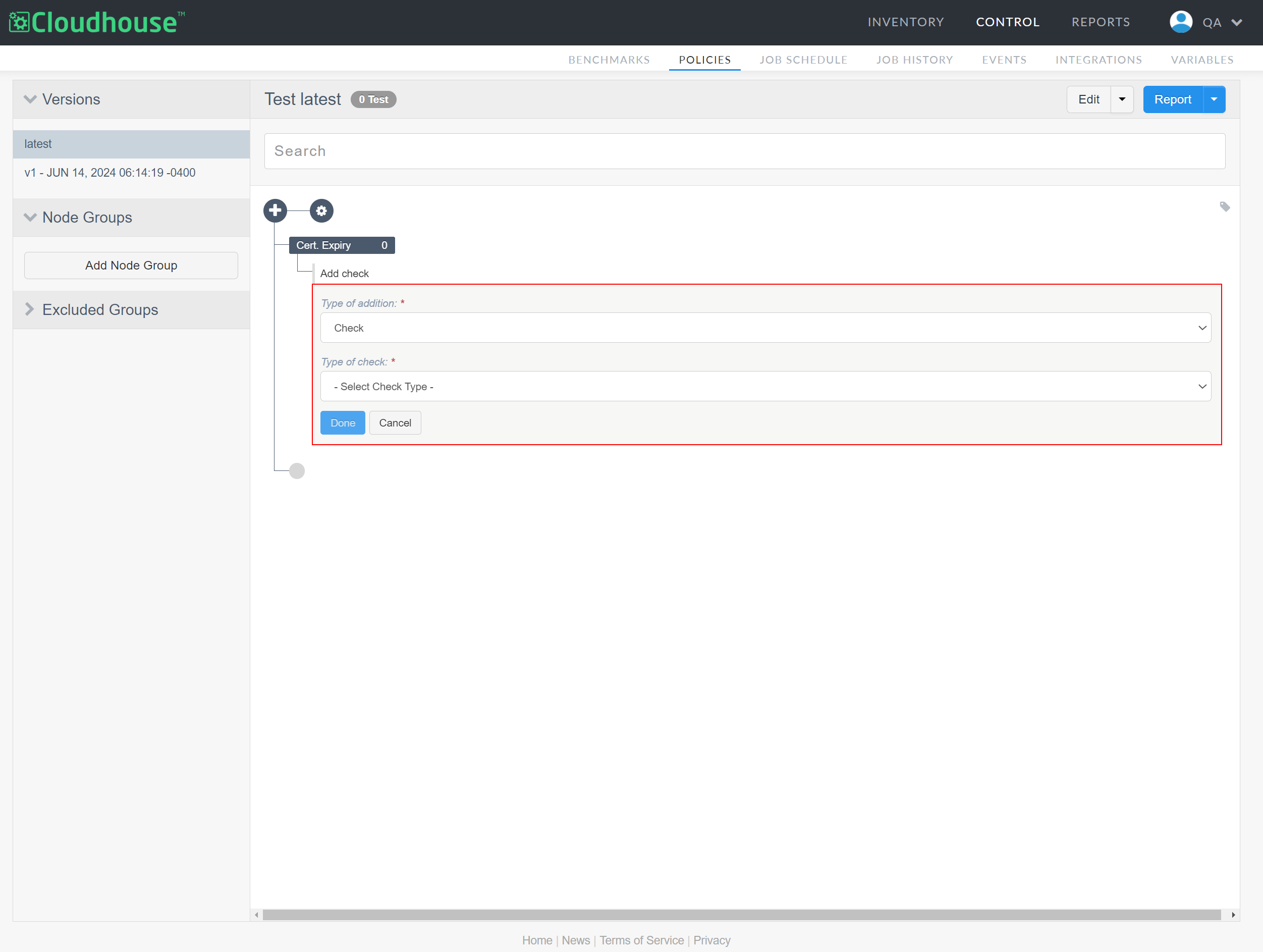 Screenshot of the custom policy builder, with the 'Add check' menu highlighted with a red border.