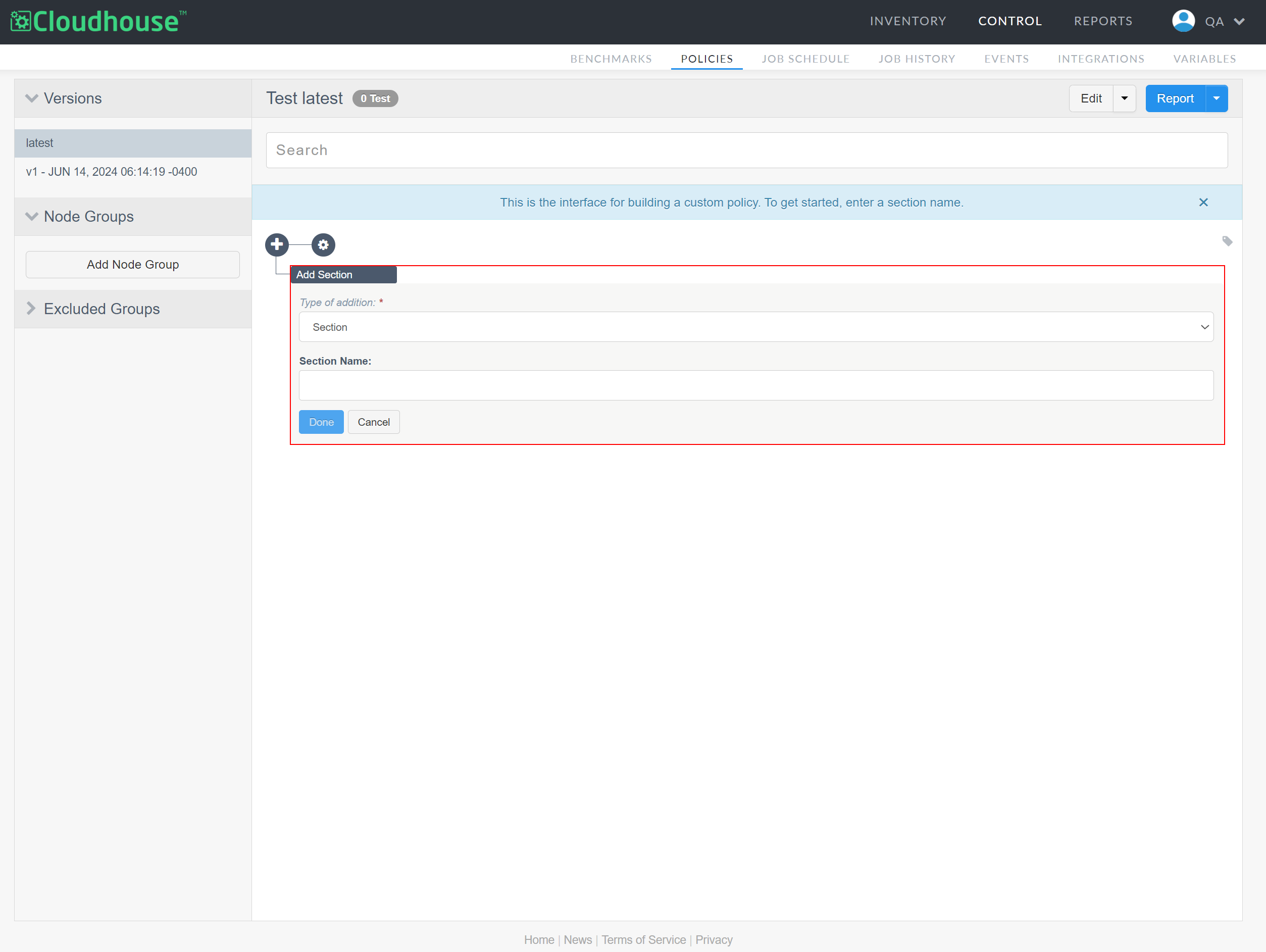 Screenshot of the Policies tab. The custom policy builder is displayed, with the 'Add Section' menu highlighted with a red border.
