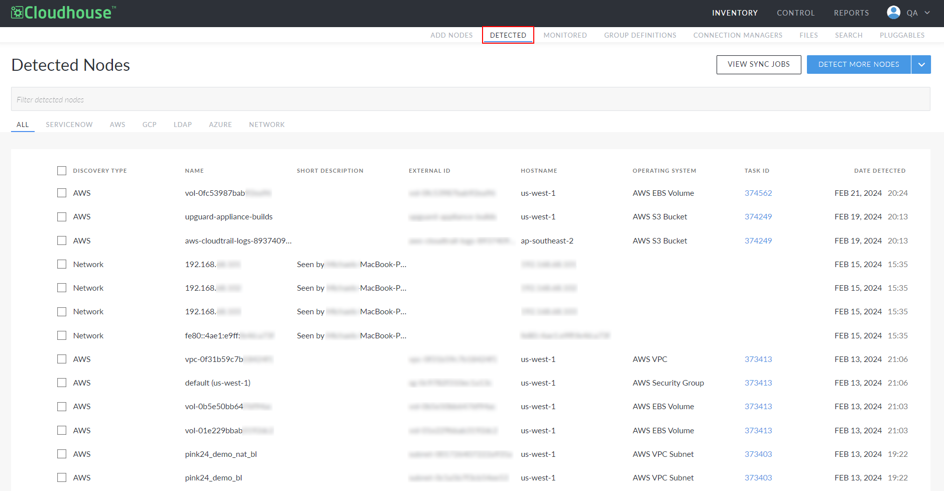 Screenshot of the Detected tab in Guardian. All Detected nodes are displayed. However, the ServiceNow, AWS, GCP, LDAP, Azure, and Network tabs are displayed. Offering methods for filtering the results.