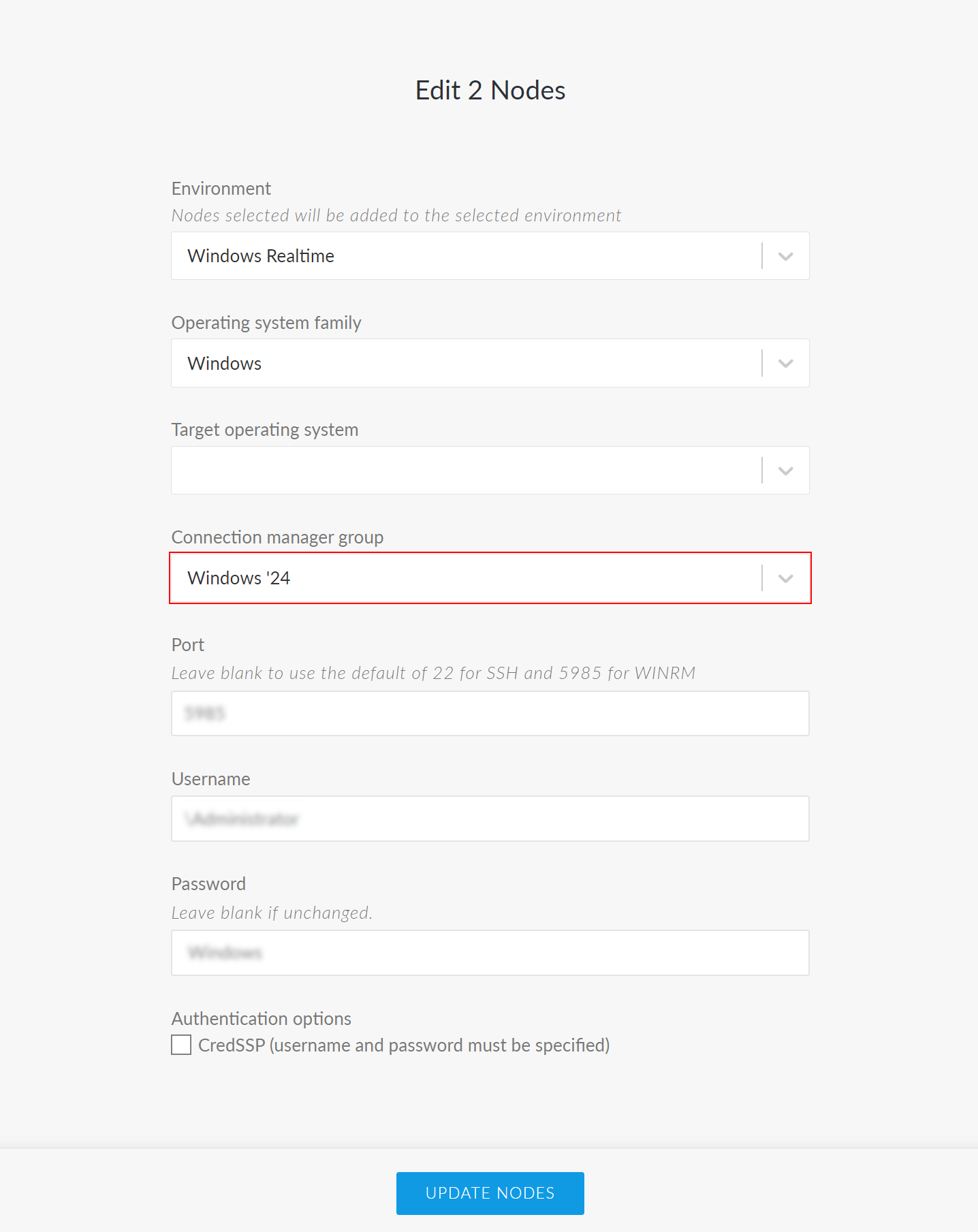 The Edit 2 Nodes page is displayed. The Connection manager group drop-down list has a red border around it.