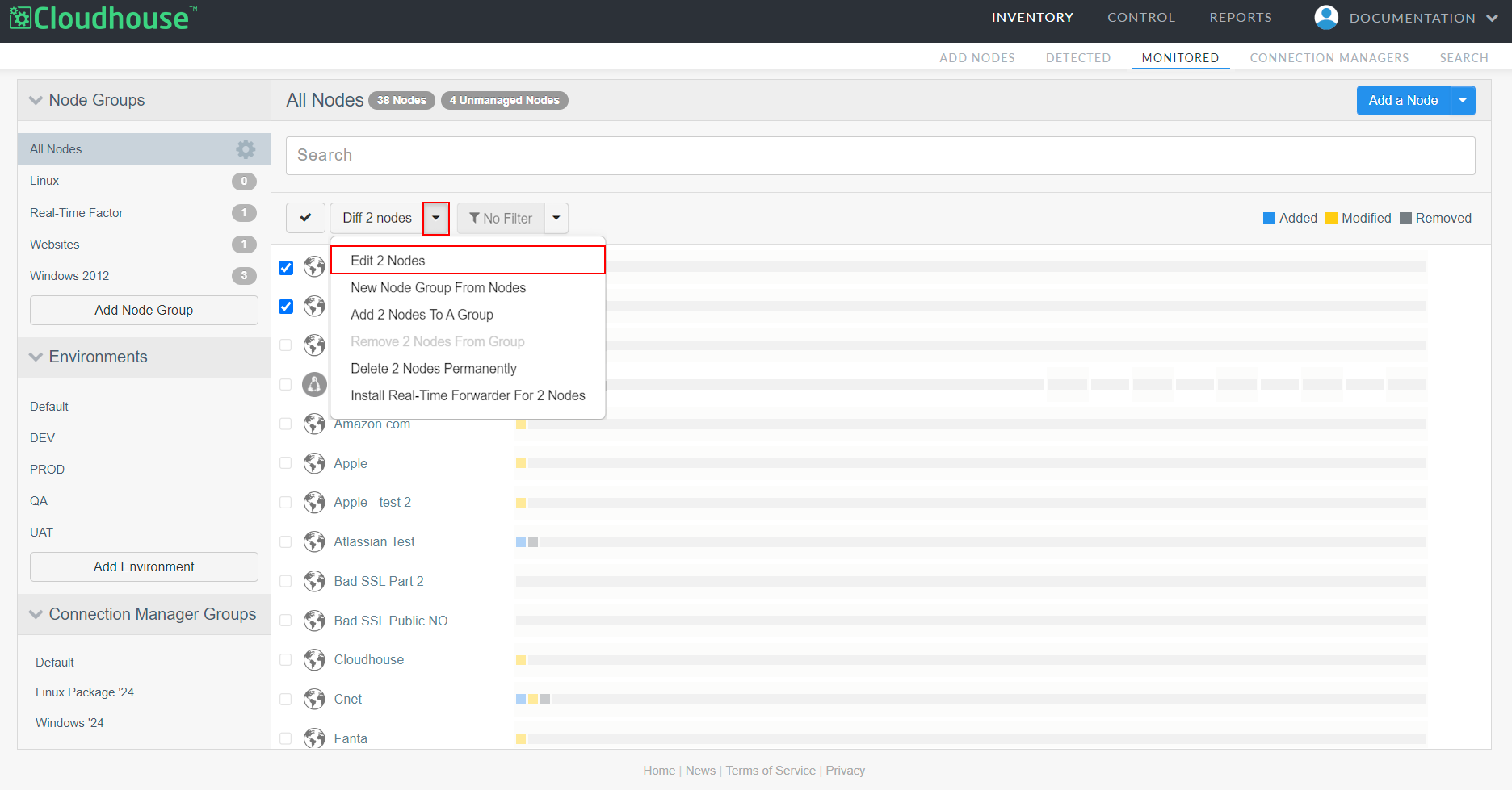 The Diff 2 Nodes drop-down has been selected, a list of options are displayed. The Edit 2 Nodes option has a red border around it.