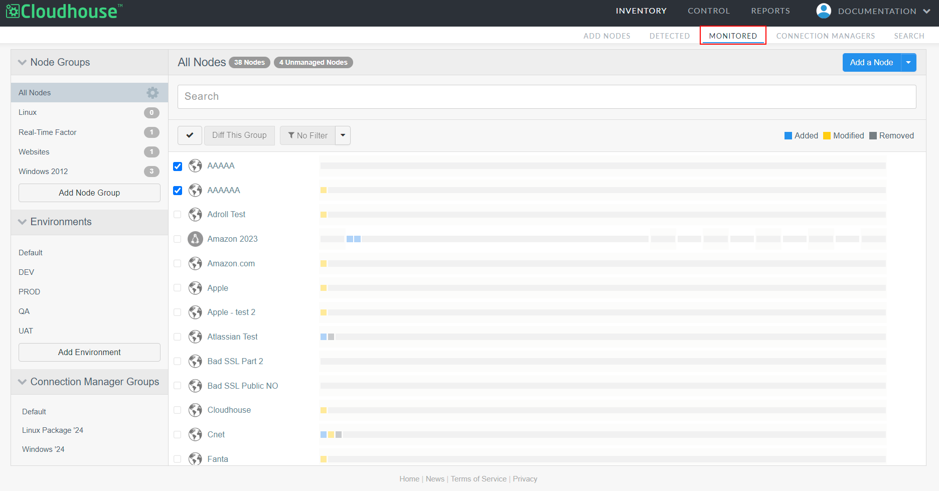 The 'All Nodes' node group is displayed. The checkboxes of two nodes have been selected.
