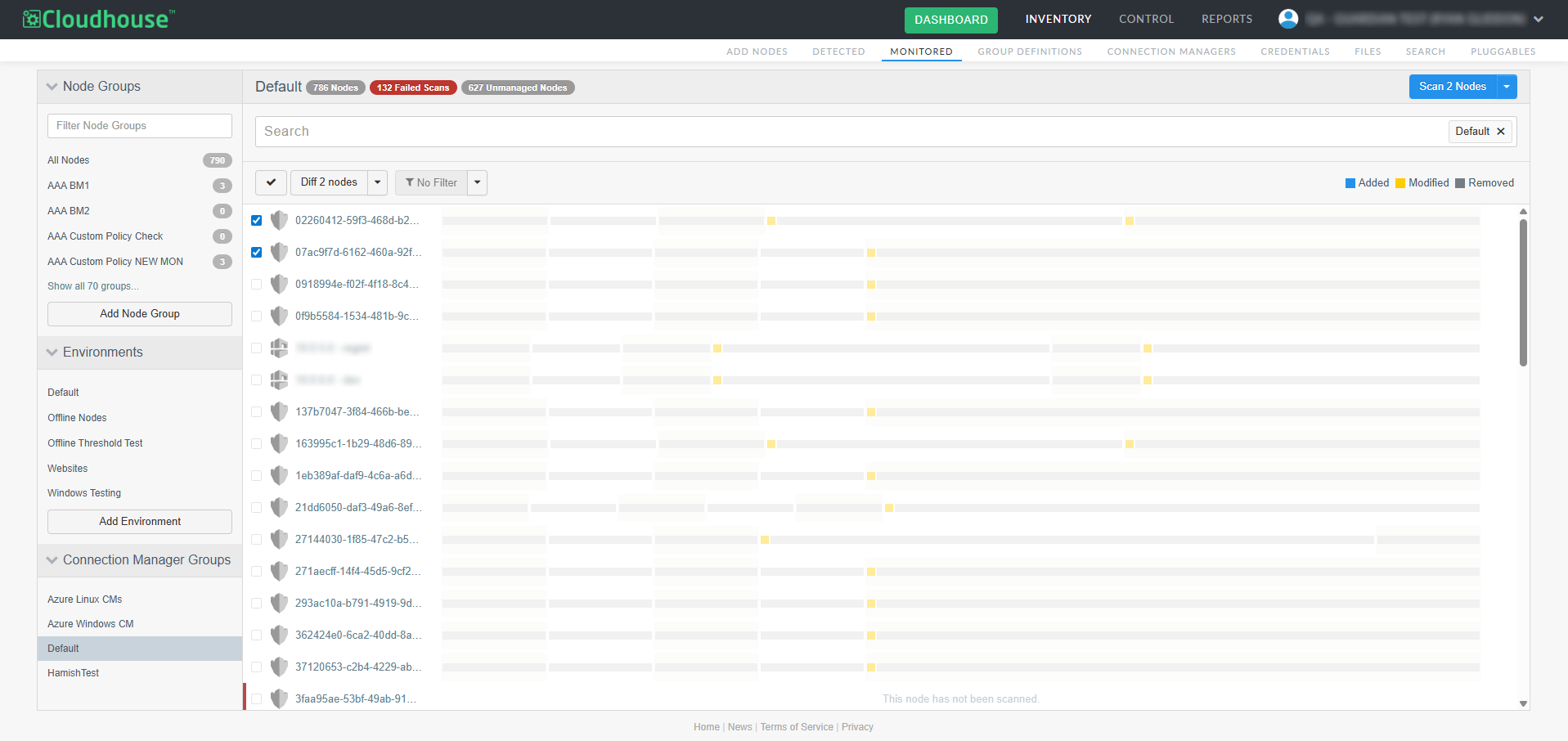 The 'Default' Connection Manager Group is displayed. The checkboxes of two nodes have been selected and the Scan Nodes button is displayed.