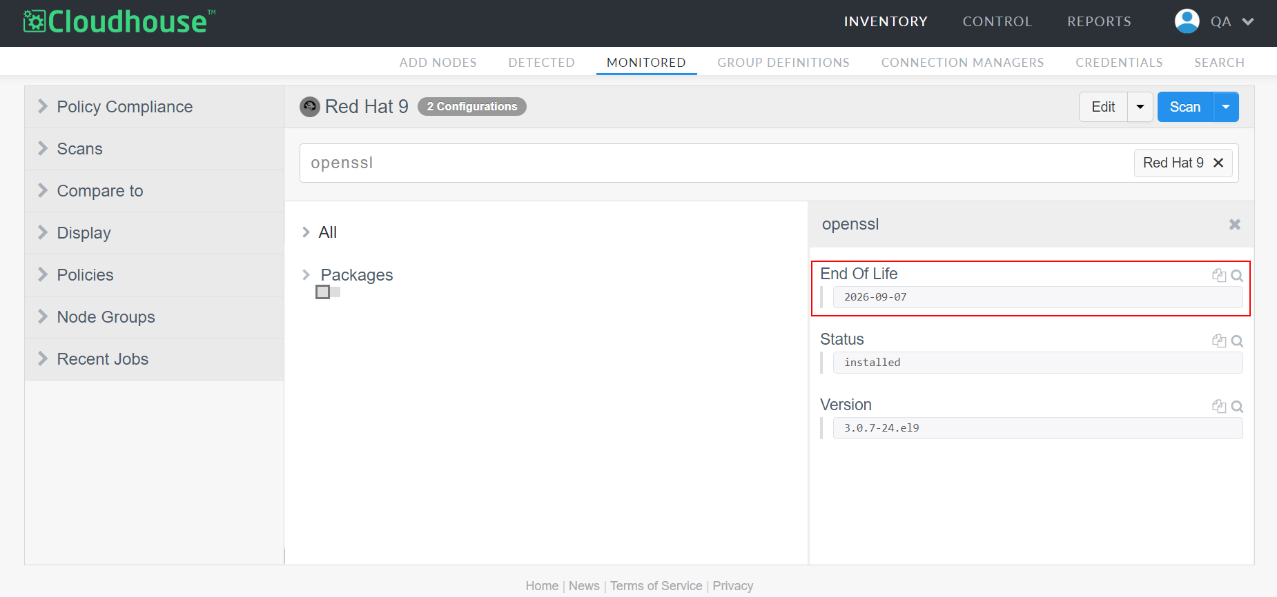 Screenshot of the Guardian UI with the End of Life data for the 'openssl' configuration item highlighted in a node scan.