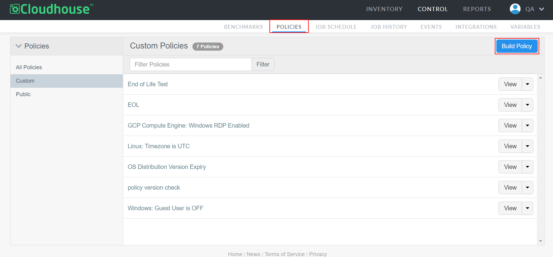 Screenshot of the Guardian UI with the Policies tab and Build Policy button highlighted.