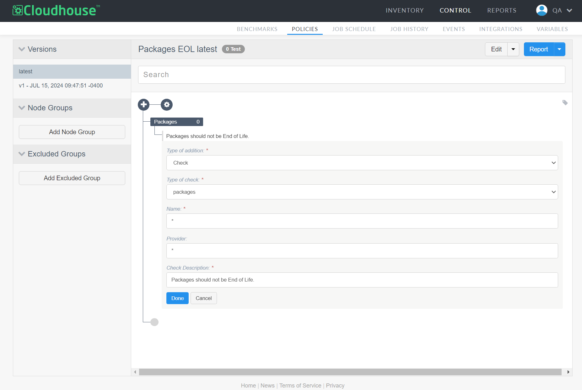 Screenshot of the Edit Policy page, showing the populated fields for adding a check on the 'packages' section of the node scan results.