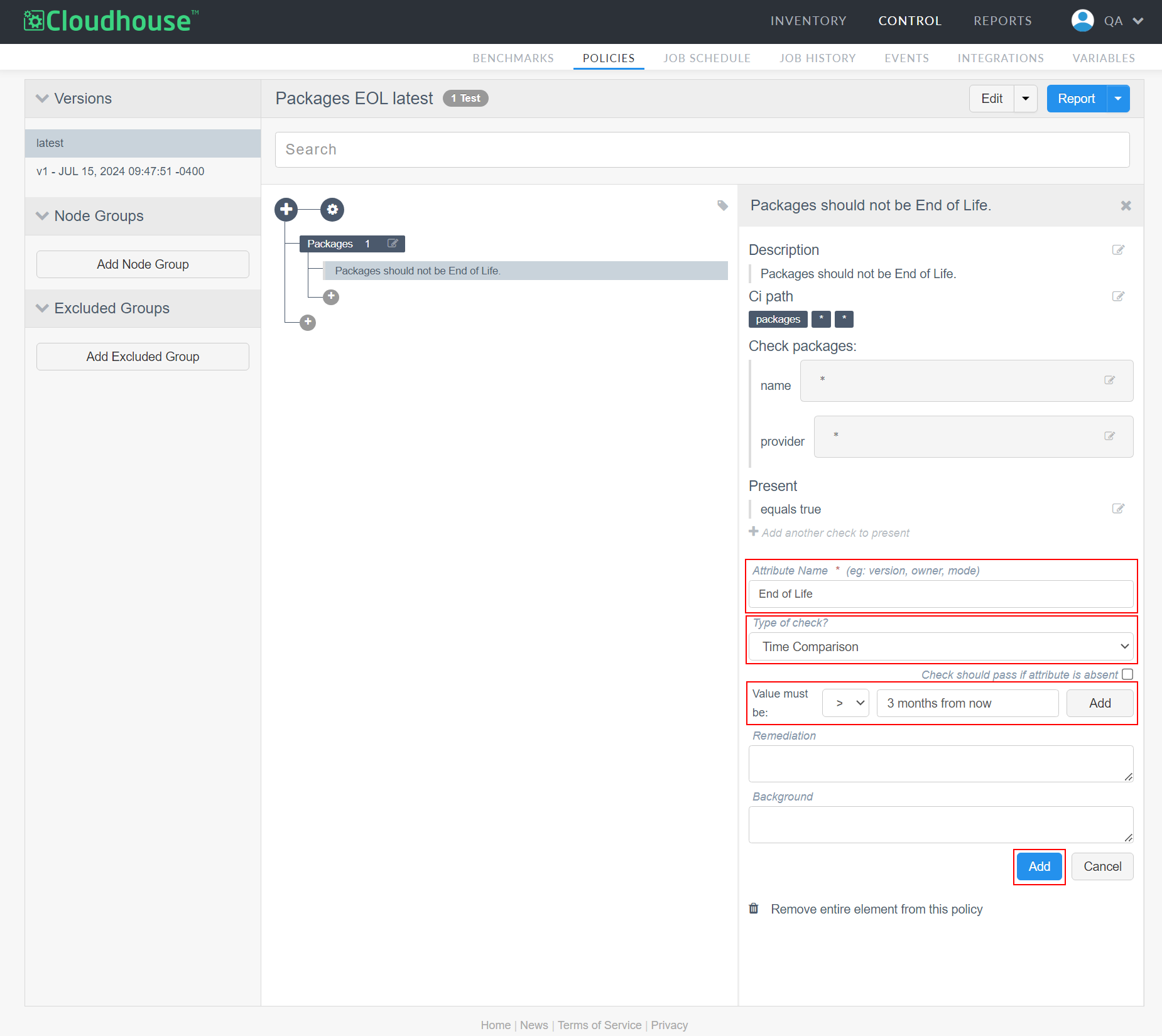 Screenshot showing the populated options for adding an Attribute Check to verify the date of End of Life data for all packages in a node scan.