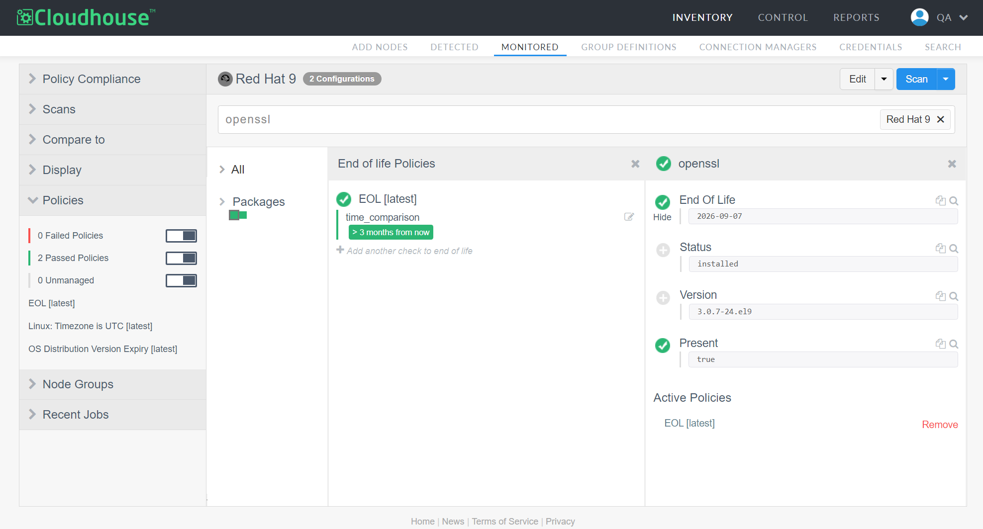 Screenshot of the Guardian UI showing a node's scan results with the passing check of End of Life data.