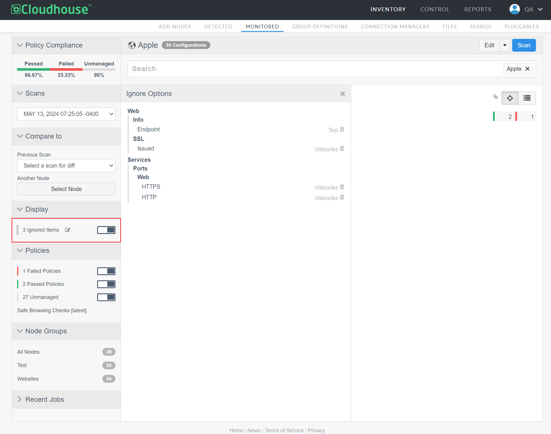 Screenshot of a node's scan results with the Ignored Items toggle highlighted.