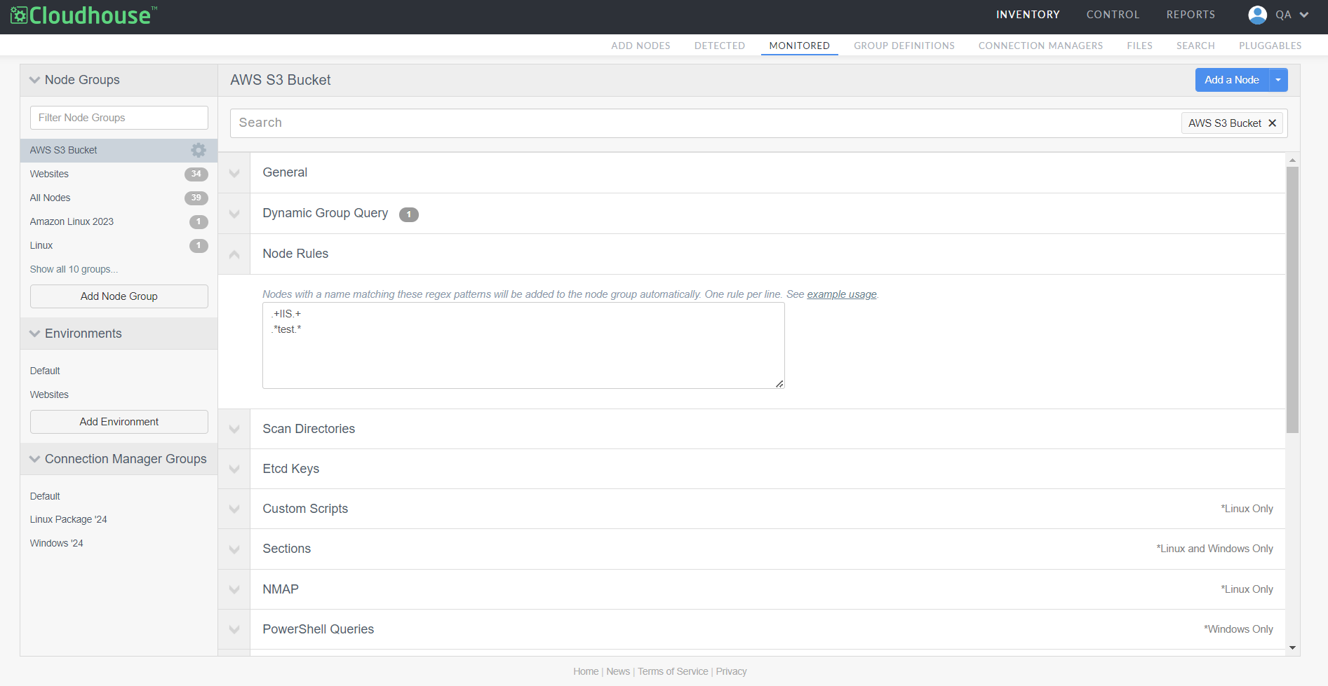 Screenshot of the node group's settings page, with the Node Rules drop-down menu expanded. Two example node rules are populated in the field: .+IIS.+ and .*test.*